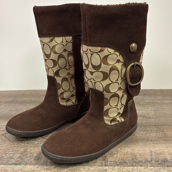 Coach MEYER Khaki / Chestnut Brown C Logo Shearling Lined Winter Boots Size 7 - Picture 1 of 14
